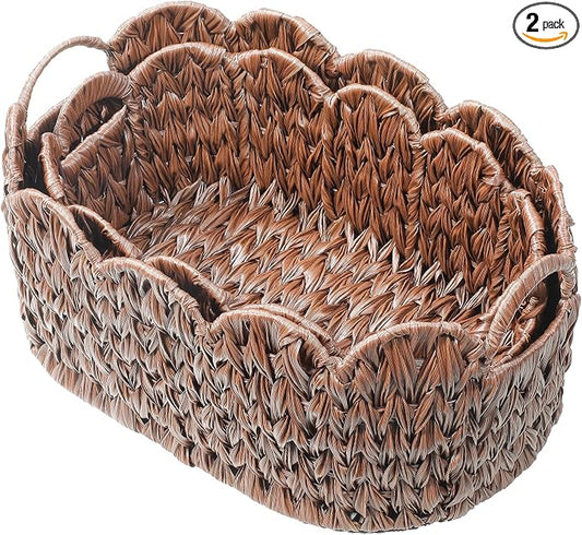 Coeusy Wicker Scalloped Basket Set of 2,Woven Storage Baskets for Shelves,Closet,Laundry,Gift,Towels,Books,Toys,Waterproof Cute Decor Basket for Organizing,Brown by WEAVECOMFORTINTOEVERYCORNER