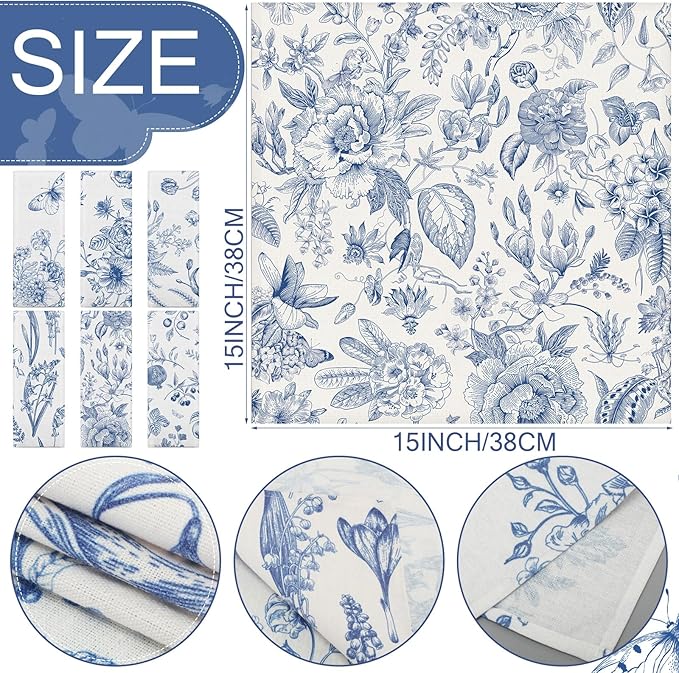 24 Pcs Cloth Napkins Bulk-15 x 15 Inch Soft Fabric Napkins Bulk Cloth Washable Reusable Plants Floral Square Napkin Cotton Dinner Towel for Spring Tea Party (Blue White Flower) - Image 2