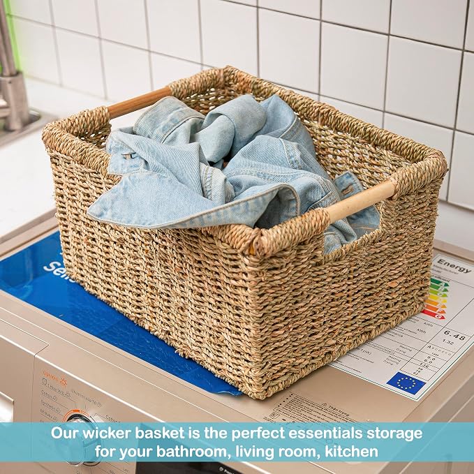 Large Wicker Basket Rectangular with Wooden Handles for Shelves, Seagrass Basket Storage, Natural Baskets for Organizing, Wicker Baskets for Storage - 3 Pack Large - Image 5