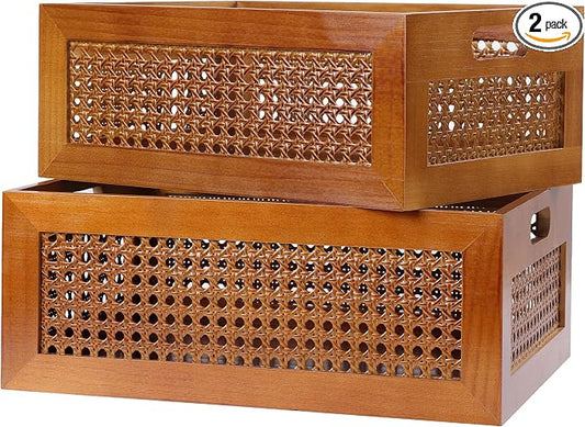 Rattan Wooden Box Set of 2 Handmade Decorative Storage Basket with Handles | Natural Bamboo Woven Storage Basket Rustic Farmhouse Decor Home Office Tabletop Shelf Drawer Closet Desk Organizer, Brown by LaMor%C3%A9e