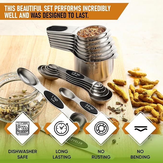 Spring Chef Magnetic Measuring Cups & Spoons Set of 15 with Leveler, Black & Stainless Steel Large Box Grater with Handle - 2 Product Bundle - Image 3