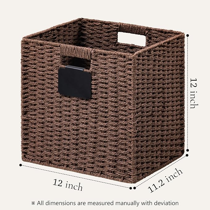 UBBCARE 4 Pack Wicker Basket, 12×12 Storage Cubes with Label, Foldable Cube Storage Bin with Handle, Square Storage Basket for Shelves, Woven Paper Rope Basket for Organizing, Brown - Image 2