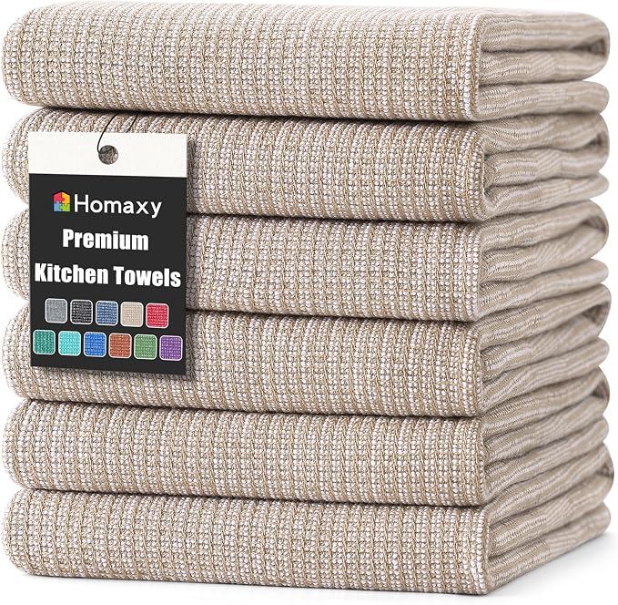 Homaxy 380 GSM Cotton Premium Kitchen Towels 6 Pack, 18"x 28", Khaki | Flat and Terry Dish Towels, Highly Absorbent Tea Towel Set with Hanging Loop, Soft Utility Kitchen Hand Towels by Homaxy