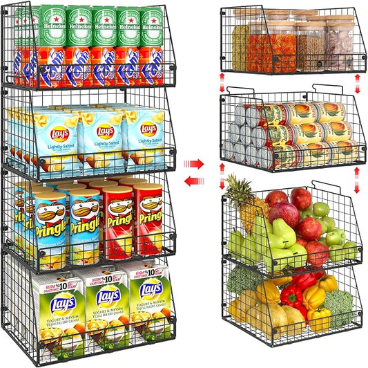Jakyitvi 4 Pack XXL Stackable Wire Storage Basket, Extra Large Capacity Pantry Organizer and Storage, Muti-Purpose for Vegetable Fruit Basket & Can Organizer & Snack Rack & Metal Pantry Bin by Jakyitvi