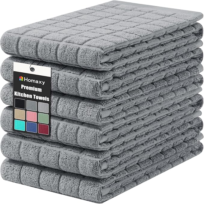 Homaxy Premium Ring Spun Cotton 390 GSM Kitchen Towels, 6 Pack, Grey | 16" x 28" Large Dish Towels, Super Absorbent Terry Hand Towels, Soft Tea Towels with Hanging Loop by Homaxy