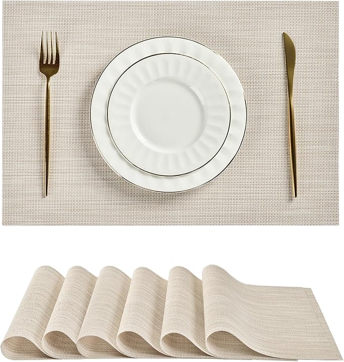 Leetaltree Beige White Placemats Set of 6 - Heat Resistant Non-Slip Place mats for Dining Table, Washable Durable PVC Vinyl Woven Table Mats(Beige White, 6) by Leetaltree-ArtatEveryTable