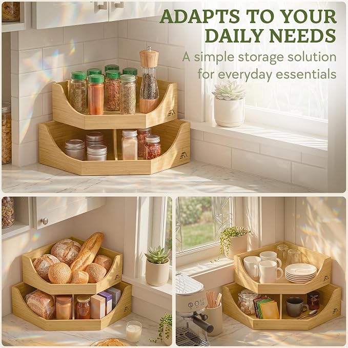 HOMESTEAD Bamboo Corner Storage Bin, 2-Tier Stackable Potato and Onion Storage Bin for Kitchen Counter Corner Shelf, Wooden Produce Storage Pantry Organizer, Fruit & Vegetable Holder, Medium - Image 8