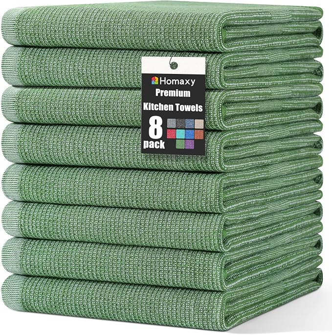 Homaxy 380 GSM Cotton Premium Kitchen Towels 8 Pack, 18"x 28", Grass Green | Flat and Terry Dish Towels, Highly Absorbent Tea Towel Set with Hanging Loop, Soft Utility Kitchen Hand Towels by Homaxy