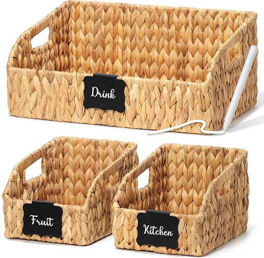 Pantry Baskets and Organizers, Large Wicker Baskets for Shelves, Handwoven Labeled Storage Basket for Organizing with Handles-Water Hyacinth Storage Bins, Boho Decorative, 3Pack, Natural by Unknown