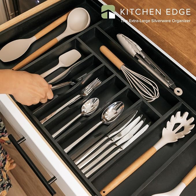 Silverware & Utensil Drawer Organizer, 18-33 in, Black Bamboo | Cutlery, flatware, food-safe contract grade, kitchen drawer fit - Image 2