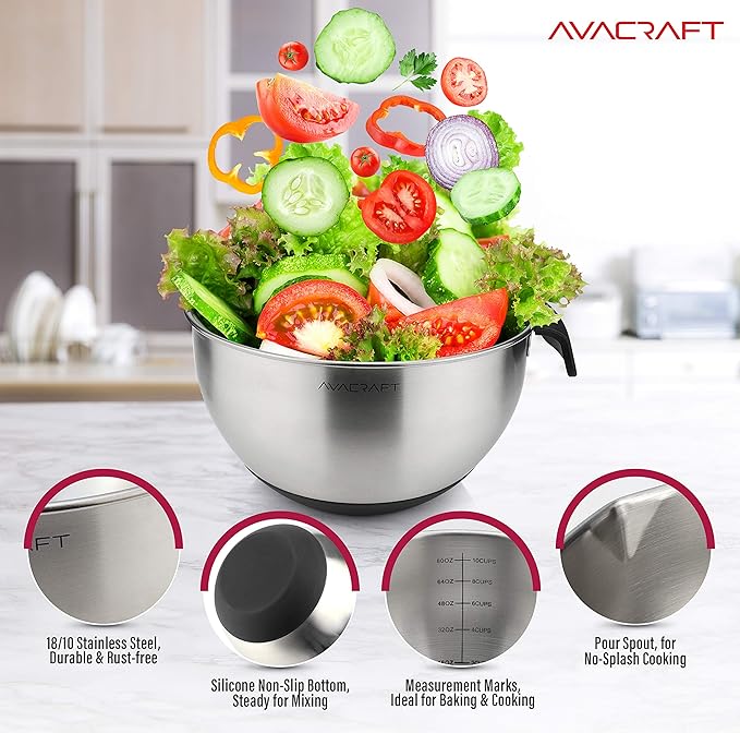 AVACRAFT 18/10 Stainless Steel Mixing Bowl Set with Lids, Black | Non-Slip Silicone Base, Ergonomic Handles, Pour Spouts, Interior Measurement Marks, Nesting Design, Dishwasher Safe - Image 5
