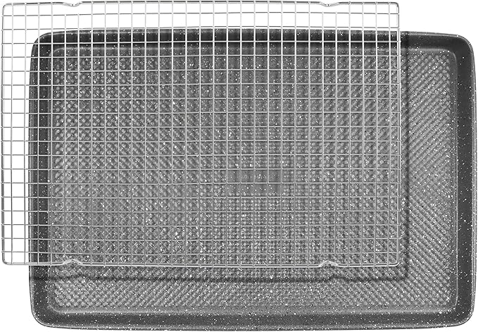 David Burke 17x11 Cookie Sheet with Chrome Cooling Rack – Carbon Steel, PFTE & PFOA Free, Oven Safe, Non-Toxic, Perfect for Baking and Roasting – Gray Speckle by David+Burke