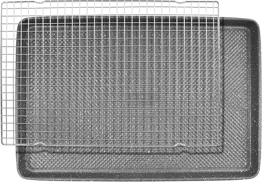 David Burke 17x11 Cookie Sheet with Chrome Cooling Rack – Carbon Steel, PFTE & PFOA Free, Oven Safe, Non-Toxic, Perfect for Baking and Roasting – Gray Speckle by David+Burke
