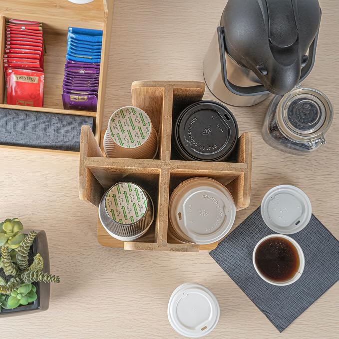 Restaurantware Restpresso 9 x 18 Inch Coffee Cup and Lid Organizer 1 Revolving Cup and Lid Holder - 4 Section Countertop Natural Bamboo Cup and Lid Dispenser For Restaurants Homes or Offices - Image 11