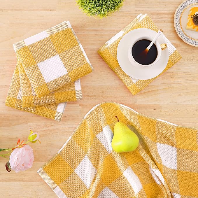 Homaxy Kitchen Towels and Dishcloths Set, Set of 16, White & Golden Yellow | Bulk Cotton Waffle Weave Check Plaid Kitchen Towels, Super Soft and Absorbent Dish Cloths, 12 x 12 and 13 x 28 Inches - Image 7