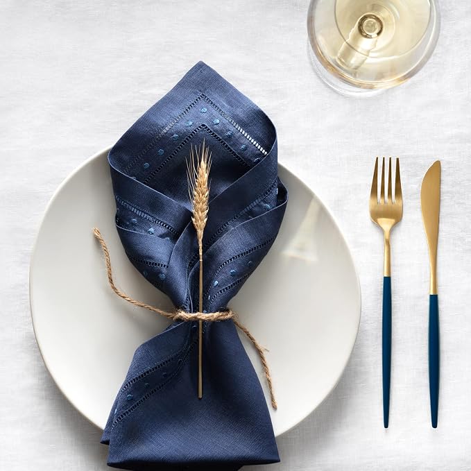 Linen Napkins Set of 4-100% Pure Linen Navy Blue Dinner Napkins with Embroidered Dot 18 x 18 inch - Hemstitch Cloth Napkins Washable for Summer and Wedding Decor - Image 5