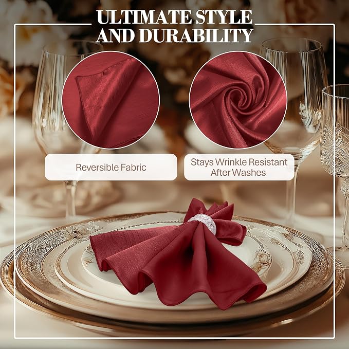 17x17-Inch Shantung Cloth Napkins, Cherry Red, Set of 24 | Bulk Case of 2 Dozen, Satin, Square, 100% Polyester Fabric, Reversible, Faux Dupioni Silk Reverse Side, Machine Washable - Image 3