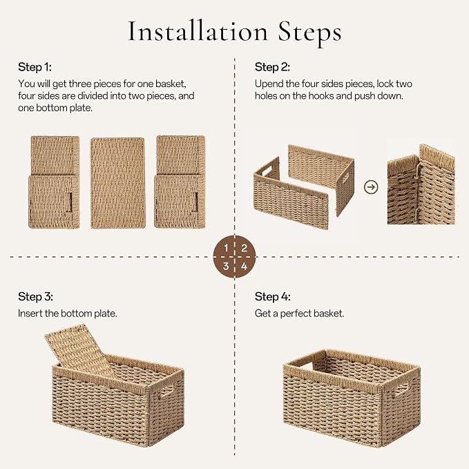 UBBCARE 4 Pack Wicker Basket, 13.4L×8.3H×7.1W inch Woven Paper Rope Storage Baskets for Shelves, Foldable Rectangular Storage Baskets with Handle, Storage Basket for Organizing, Natural - Image 8