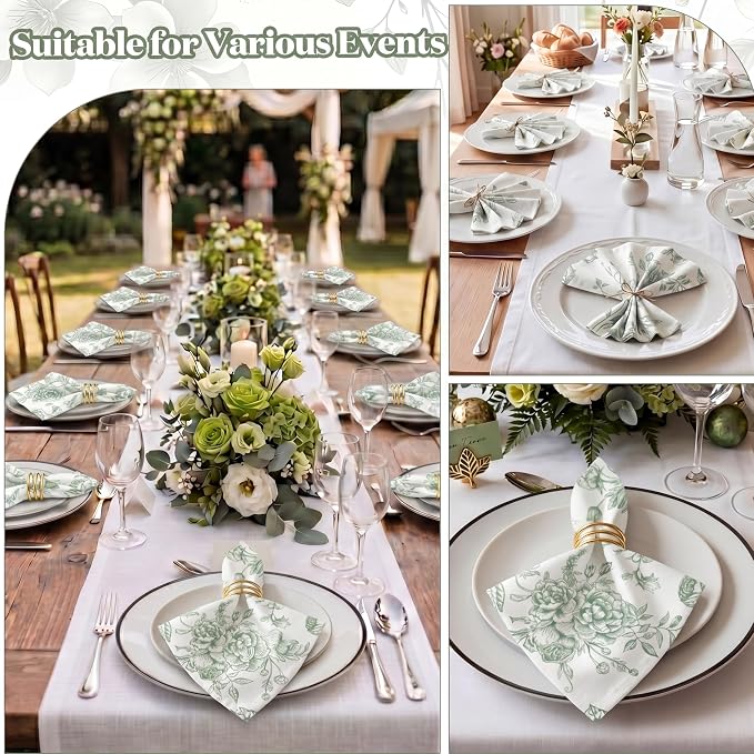 24 Pcs Floral Cloth Napkins 6 Patterns Washable Dinner Tea Party Napkins Reusable Plant Flowers Square Napkin Cotton Towel Decorative for Summer Wildflower Party(Green Floral) - Image 5