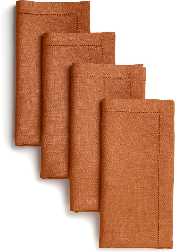 Signature Linen™ by D'Moksha Rust Dinner Napkins Set of 4, 20 x 20 Inch Cloth Napkins, 100% Pure Linen, Hemstitch, Machine Washable Table Napkins- Summer, Weddings, Outdoor hostings by DMokshaHomes