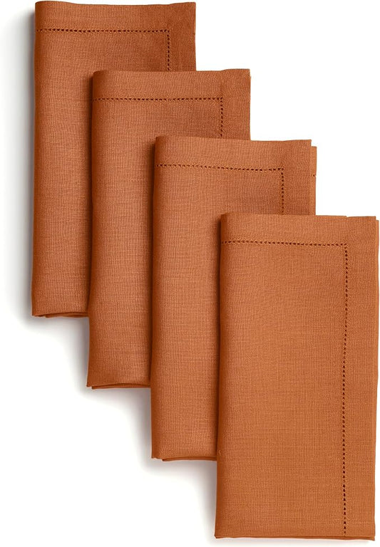 Signature Linen™ by D'Moksha Rust Dinner Napkins Set of 4, 20 x 20 Inch Cloth Napkins, 100% Pure Linen, Hemstitch, Machine Washable Table Napkins- Summer, Weddings, Outdoor hostings by DMokshaHomes