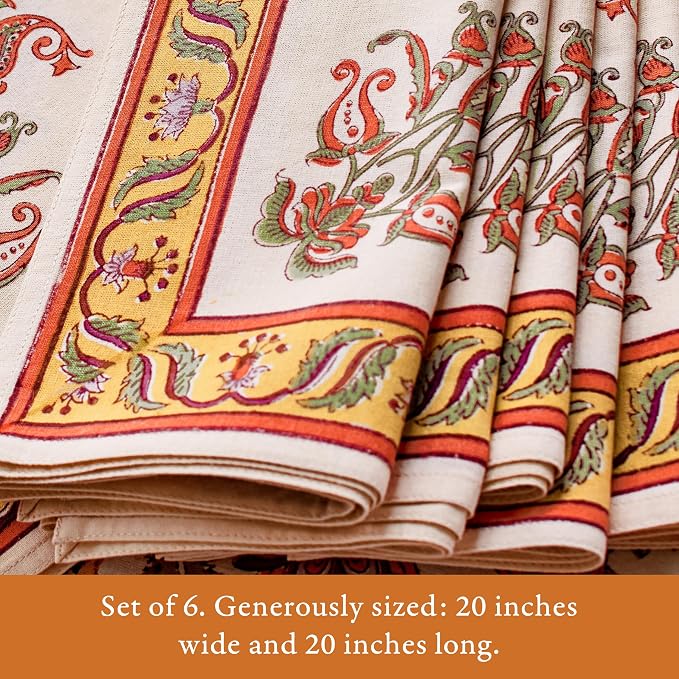 100% Orange Cotton Dinner Napkins, Set of 6, Hand Printed Orange Blossom Design, Fair Trade, Washable Cloth Napkins for Parties & Cocktails 20x20 in - Image 5