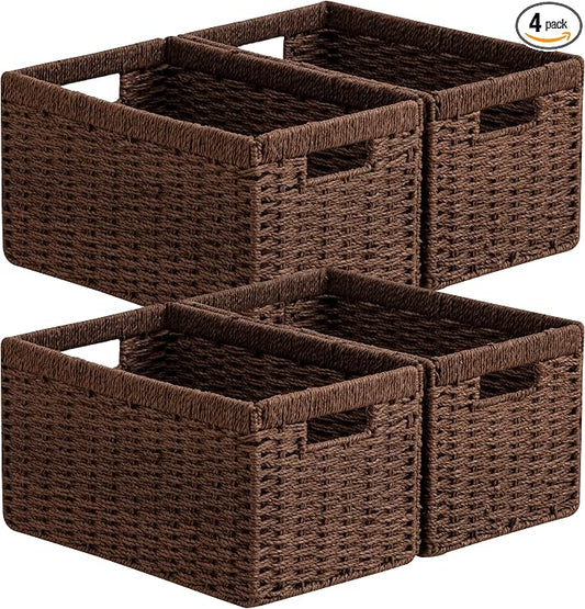 UBBCARE 4 Pack Wicker Basket, 13.4L×8.3H×7.1W inch Woven Paper Rope Storage Baskets for Shelves, Foldable Rectangular Storage Baskets with Handle, Storage Basket for Organizing, Dark Brown by UBBCARE