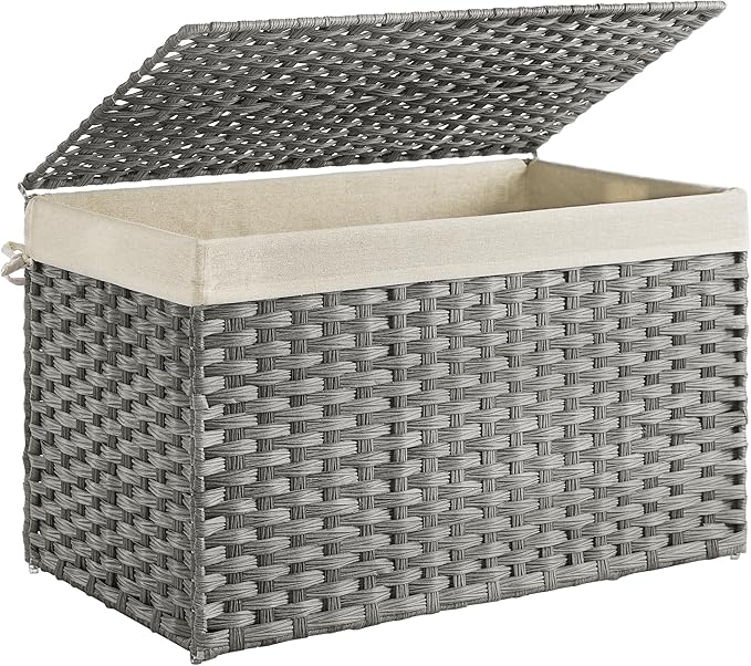 SONGMICS Storage Basket with Lid, Woven Blanket Storage Bin with Handles, Foldable, Removable Liner, Metal Frame, for Bedroom, Laundry Room, 42.3 Gallons (160 L), Gray URST76WG by Unknown