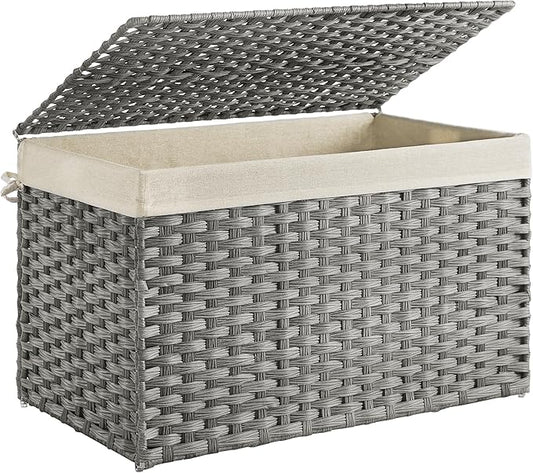SONGMICS Storage Basket with Lid, Woven Blanket Storage Bin with Handles, Foldable, Removable Liner, Metal Frame, for Bedroom, Laundry Room, 42.3 Gallons (160 L), Gray URST76WG by Unknown