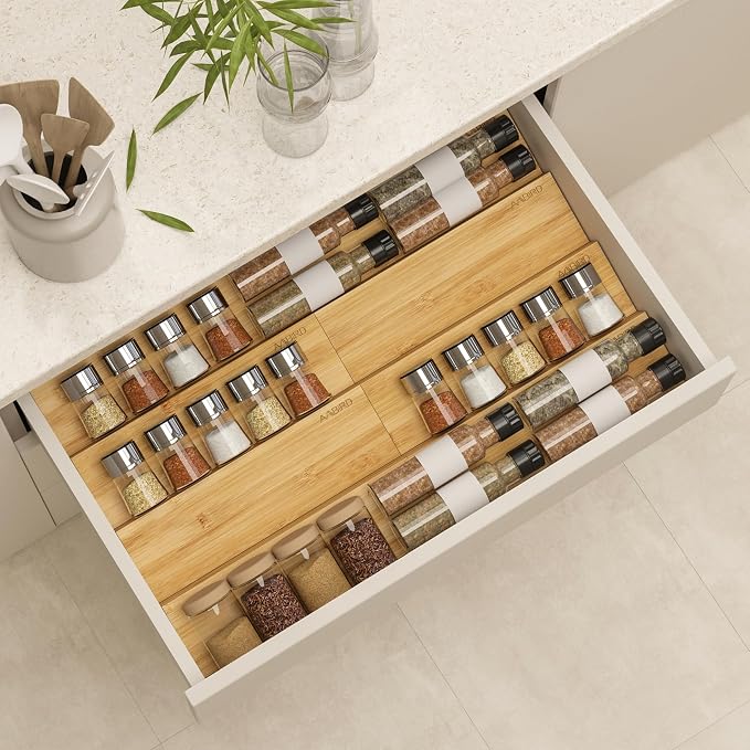 AMBIRD Bamboo Spice Drawer Organizer with Non-slip Mat,4 Tier - 2 Set Jar Spice Rack Tray From 9.5''to 19'', Seasoning Organizer for Kitchen,Cabinet,Drawers,Countertop by AMBIRD