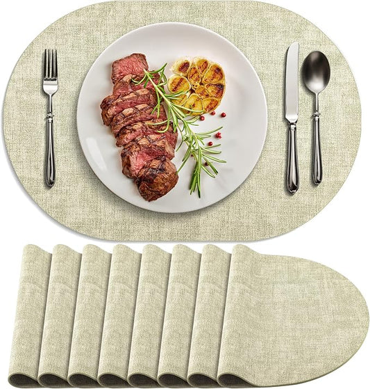 Placemats Set of 8-17" x 11.8" Waterproof & Heat Resistant Oval Place Mats, Wipeable Washable Double Layer Faux Leather Table Mats, Sage Green by Delicateandelegantplacemats