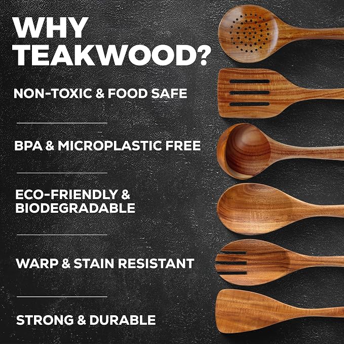 Zulay Kitchen Extra-Large 6-Piece Wooden Spoon Set - Smooth Teak Cooking Utensils - Comfort-Grip Non-Stick Turner, Spatula, Skimmer, Fork, Serving Spoon - Image 4