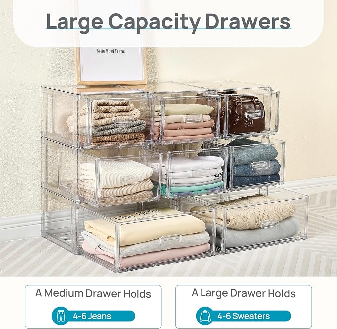 Vtopmart 4 Pack Clear Stackable Closet Storage Drawers 15QT, Medium | Easily Assemble Closet Organizers,Plastic Storage Bins for Bathroom,Cabinet,Kitchen Pantry,Under Sink Organization - Image 8