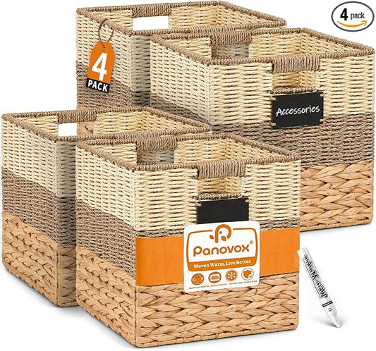 12 Inch Cube Storage Bins, 4 Pack Wicker Storage Baskets, Natural | Water Hyacinth Cubby Baskets, Square Handwoven Storage Bins, Foldable Shelf Baskets with Handles for Home, Organizer, decor by Panovox