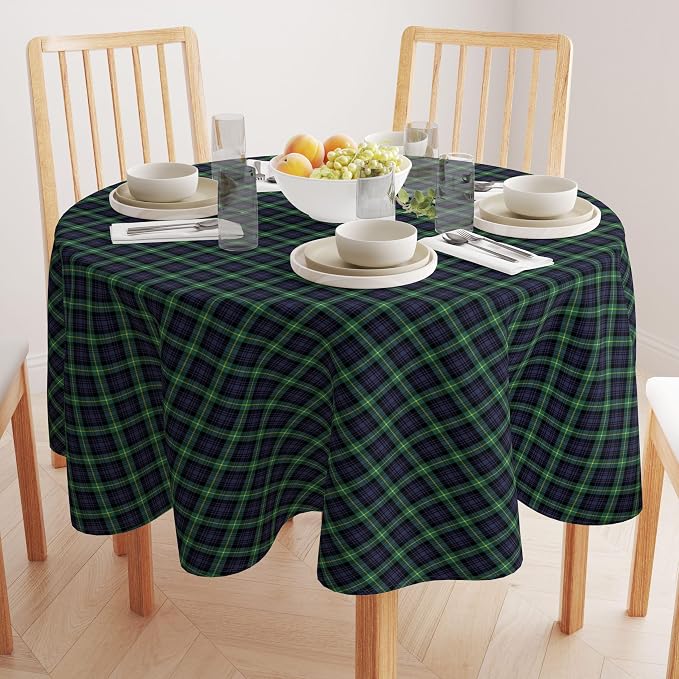 Fabric Textile Products | Blue & Green Tartan Tablecloth | Plaid Round Tablecloth | 120" Round | Machine Washable and Stain-Resistant for Easy Care | Made in The USA - Image 2
