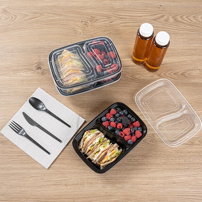 Asporto 32 Ounce Compartment Take Out Boxes, 50 Microwavable Meal Prep Containers - 2 Compartments, With Clear Plastic Lids, Black Plastic Food Containers, Do Not Contain BPA - Restaurantware - Image 8