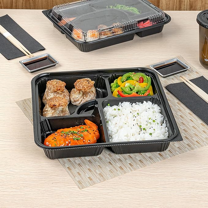 Restaurantware-Bento Tek 39.6 Ounce Meal Prep Containers, 100 Disposable To Go Food Boxes - Lids Sold Separately, 5 Compartments, Black Plastic Bento Lunch Boxes, Microwavable, Freezable - Image 6
