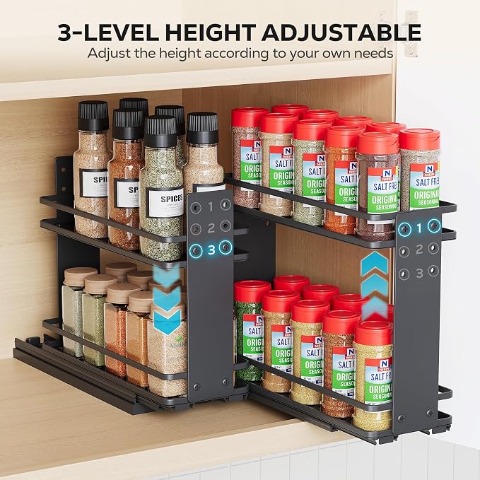 Nieifi Pull Out Spice Rack Organizer, 2 Tiers, Black | Spice Organization for Cabinet, Height Adjustable, Easy to Install - Image 5
