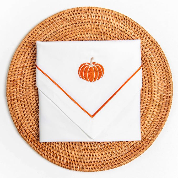 Hofdeco Premium Fall Coastal Cotton Cloth Napkins Set of 4, 20"x20" Washable Dinner for Events, Parties, Rust Orange Embroidered Pumpkin - Image 6