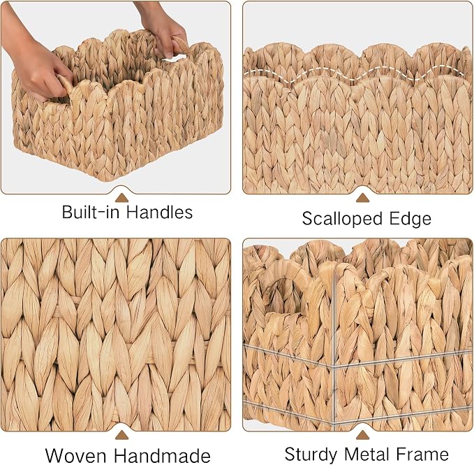 iEGrow Scalloped Wicker Basket, Set of 2 Woven Rattan Natural Water Hyacinth Baskets with Built-in Handles, Rectangle Storage Baskets for Organizing, Decor, Shelf and Nursery Room - Image 5