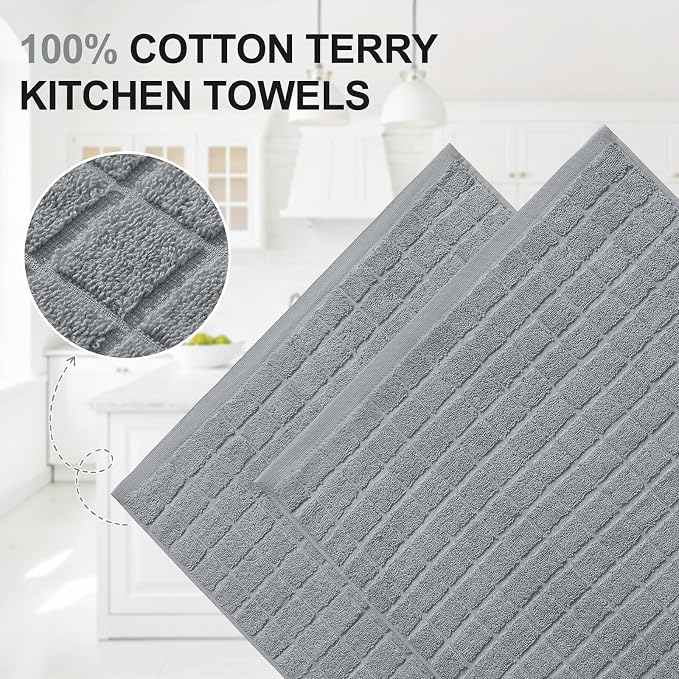 Homaxy Premium Ring Spun Cotton 390 GSM Kitchen Towels, 6 Pack, Grey | 16" x 28" Large Dish Towels, Super Absorbent Terry Hand Towels, Soft Tea Towels with Hanging Loops - Image 2
