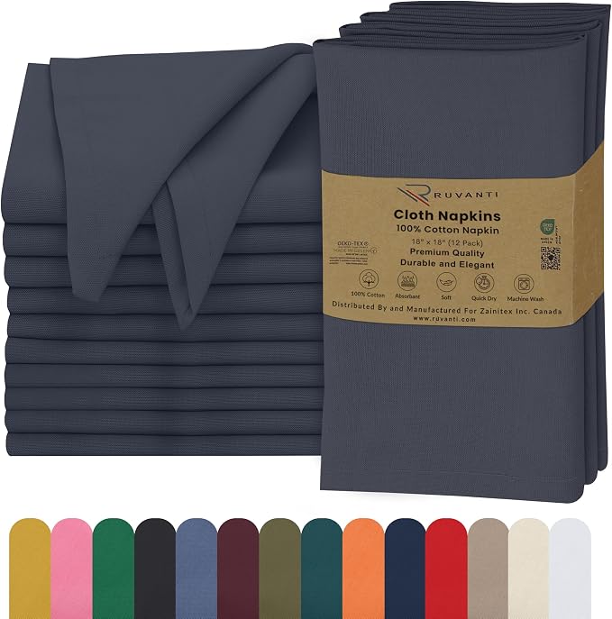 Ruvanti Cloth Napkins Set of 12, 18x18 Inches, 100% Cotton, Washable, Soft & Absorbent, Perfect for Wedding, Christmas, ‎Thanksgiving Dinners - Ombre Blue by Ruvanti