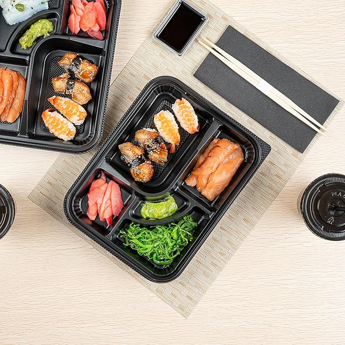 Restaurantware-Bento Tek 26.2 Ounce Meal Prep Containers, 50 Disposable To Go Food Boxes - Lids Sold Separately, 5 Compartments, Black Plastic Bento Lunch Boxes, Microwavable, Freezable - Image 4