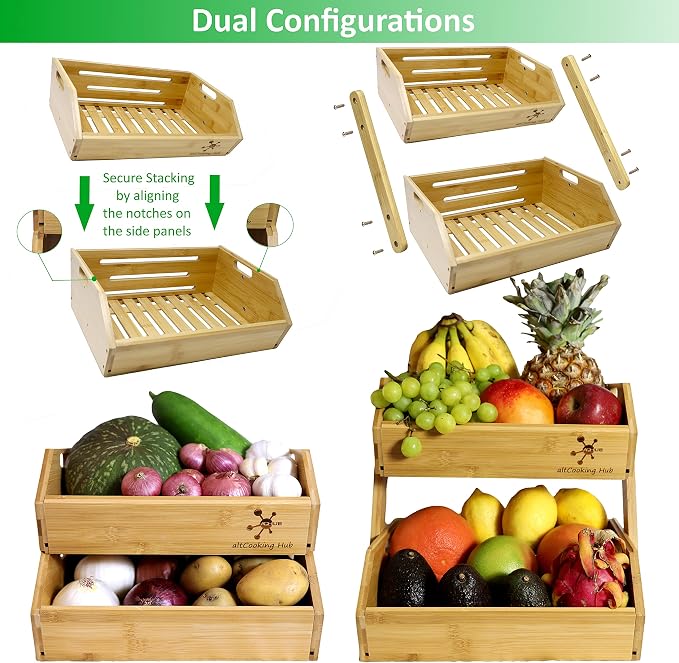 Bamboo Open-Front Stacking Storage Bin -Configurable as 2-Tier Fruit Basket - Image 2