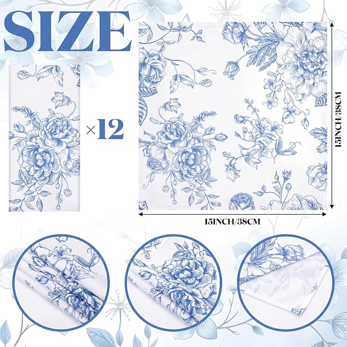 12 Pcs Floral Cloth Napkins 6 Patterns Washable Dinner Tea Party Napkins Reusable Plant Flowers Square Napkin Cotton Towel Decorative for Summer Wildflower Party(Blue Floral) - Image 6