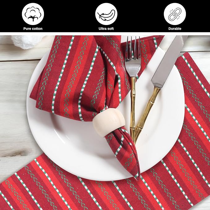Bedding Craft Cotton Cloth Napkins Set of 12-18x18 Inch Machine Washable Dinner Napkins, Set of 12 Red Green Multi Salsa Stripe Napkins, Wedding Napkins, Cotton Cloth Napkins for Everyday Use - Image 6