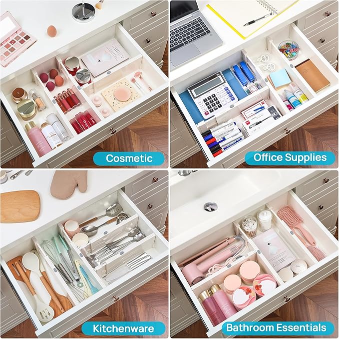 Vtopmart 12 Pack Drawer Dividers for Clothes, 4" High 11.3"-17" Adjustable Expandable Dresser Drawer Organizer, Plastic Drawers Separator for Dresser, Baby Clothes, Underwear, Kitchen & Office Storage - Image 8