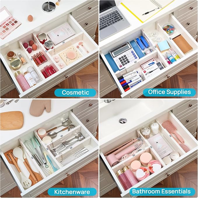 Vtopmart 4 Pack Drawer Dividers for Clothes, 4" High 11.3"-17" Adjustable Expandable Dresser Drawer Organizer, Plastic Drawers Separators for Dresser, Baby Clothes, Underwear, Kitchen & Office Storage - Image 8