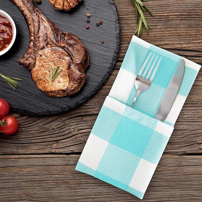 Buffalo Plaid Table Napkins Set of 50 Checkered Cloth Napkins 17x17 inch Washable Dinner Gingham Pattern Napkins Soft Napkins for Wedding Party Dining Banquet(Aqua and White) - Image 6