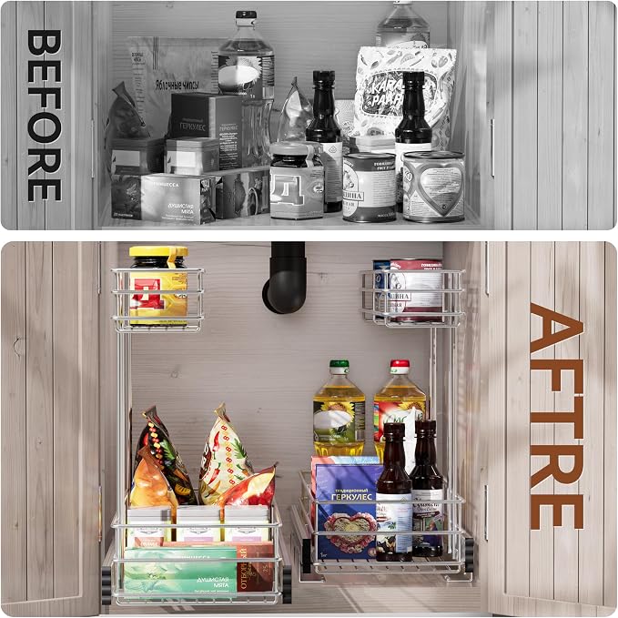 Under Sink Organizer 9" W X19 D, Pull Out Cabinet Organizer 2 Tier | 2 Pack, Chrome Plated, Full Slide Out, Under Kitchen Bathroom Sink Organizer, Pantry Cabinet Closet Organization Rack - Image 3